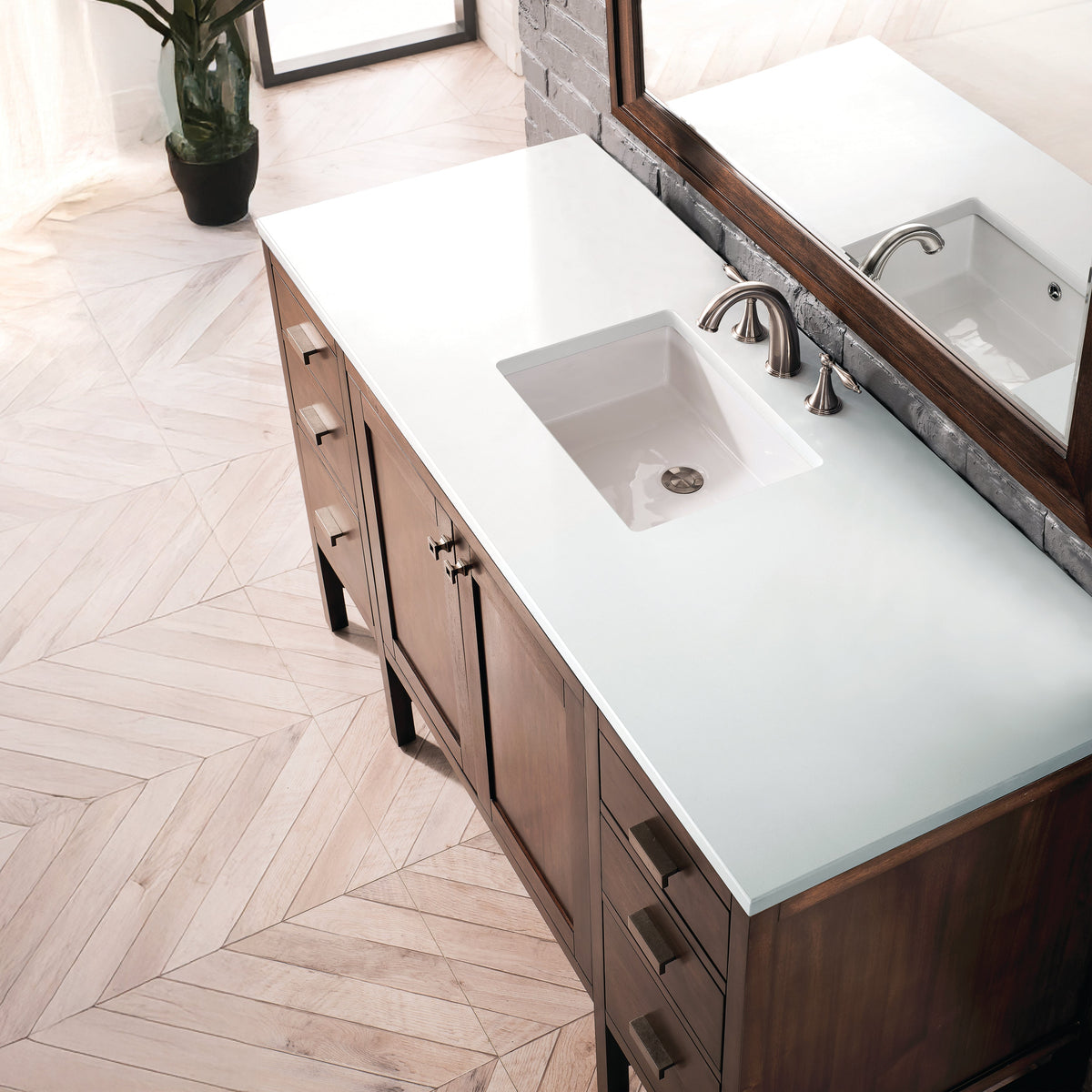 James Martin Addison 60-inch single vanity in Mid-Century Acacia with White Zeus Silestone top