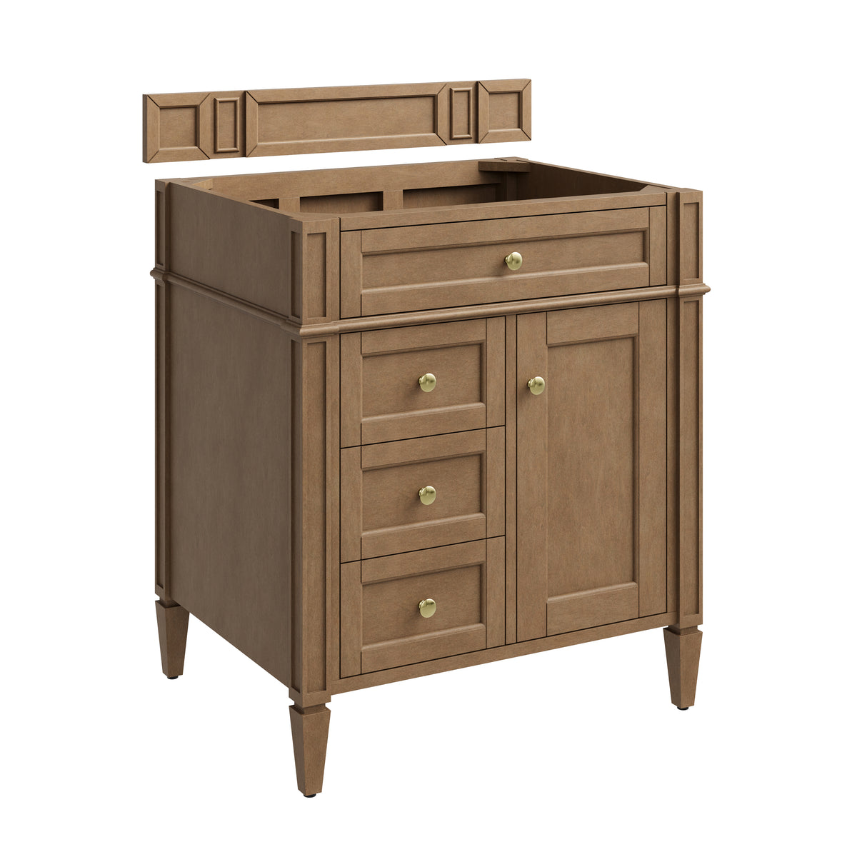 James Martin Brittany 30-inch Pecan vanity cabinet, 655-V30-PCN, with Champagne Brass hardware and coordinating wood backsplash
