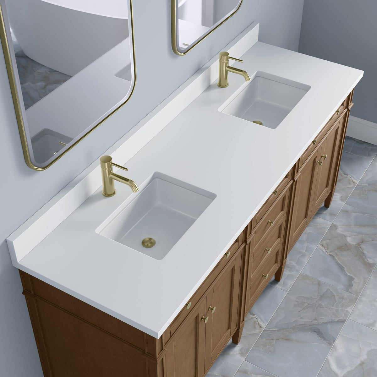 James Martin Brittany 72-inch Pecan vanity with White Zeus Single Faucet Silestone Top w/Backsplash, 655-V72-PCN-1WZ