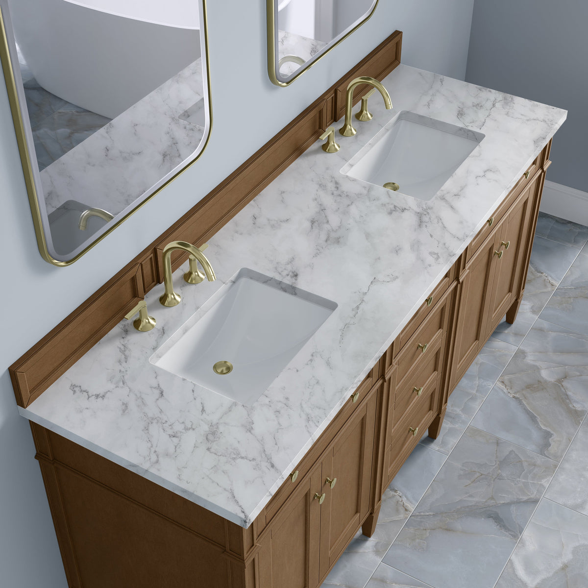 James Martin Brittany 72-inch Pecan vanity with Carrara White Marble, 655-V72-PCN-3CAR