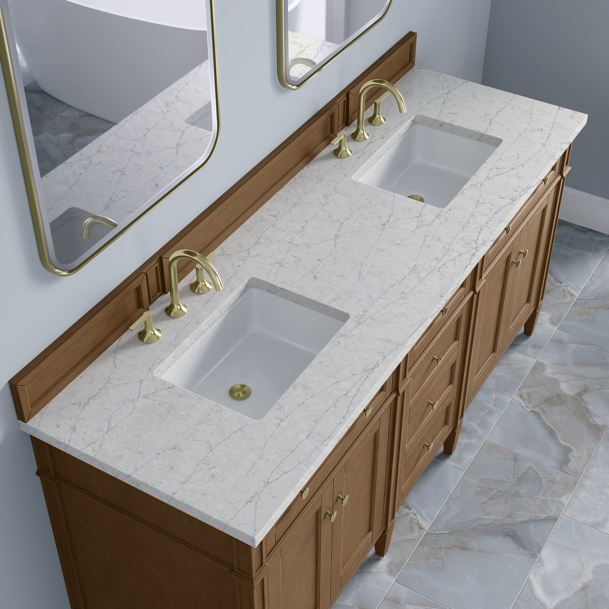 James Martin Brittany 72-inch Pecan vanity with Eternal Jasmine Pearl Silestone, 655-V72-PCN-3EJP