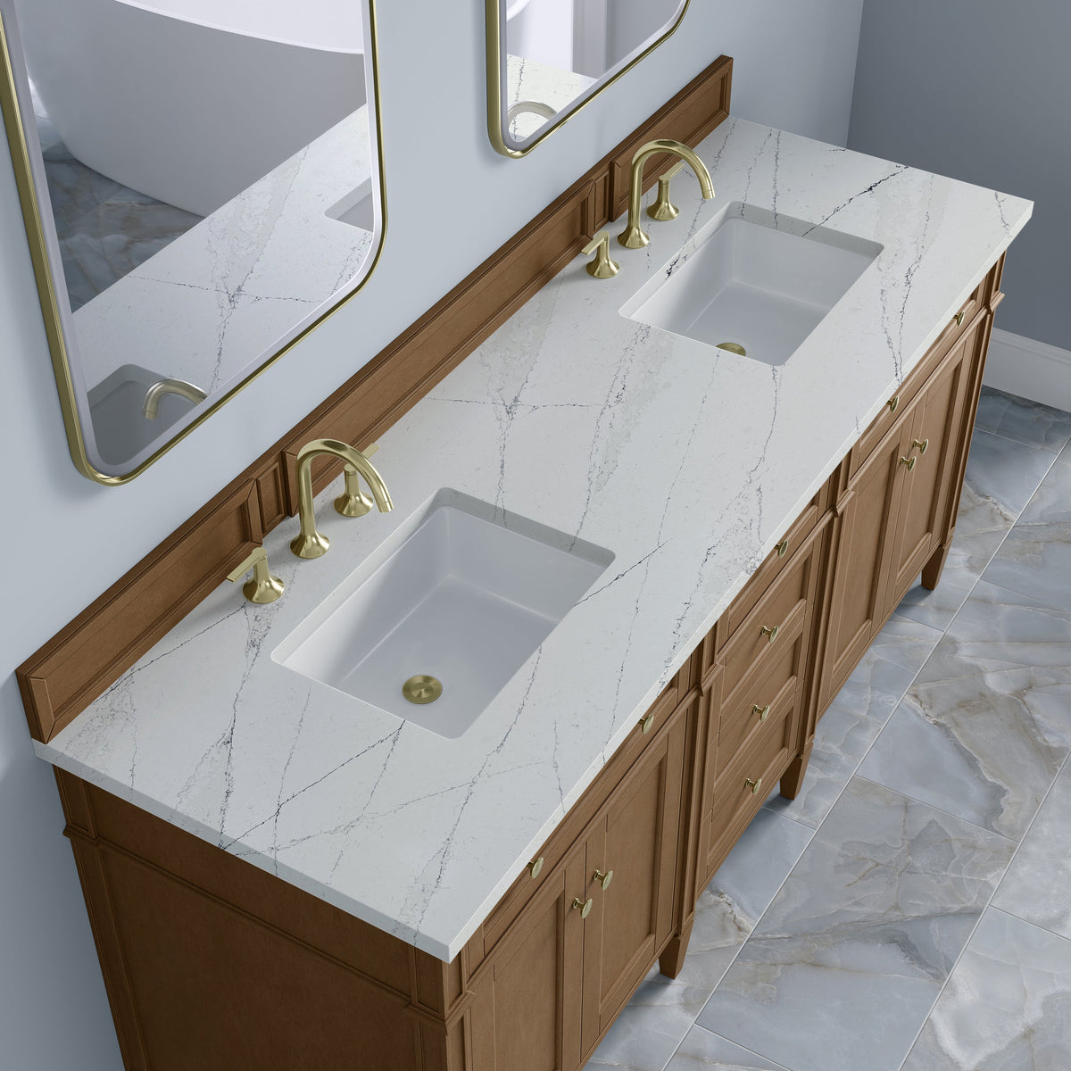 James Martin Brittany 72-inch Pecan vanity with Ethereal Noctis Silestone, 655-V72-PCN-3ENC