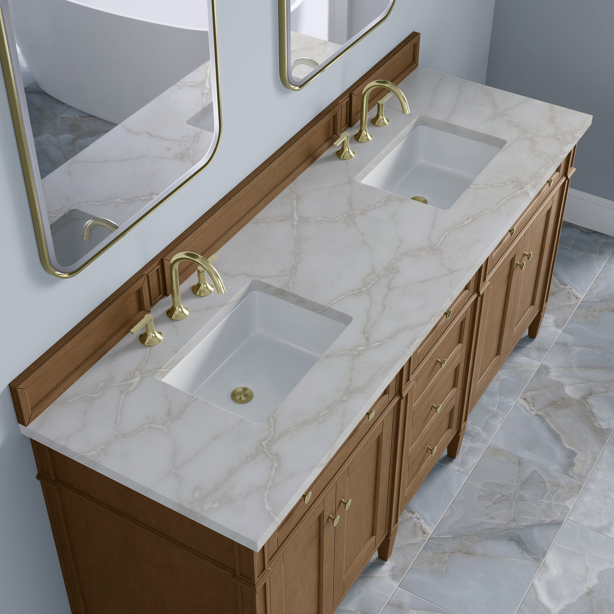 James Martin Brittany 72-inch Pecan vanity with Victorian Silver Silestone, 655-V72-PCN-3VSL