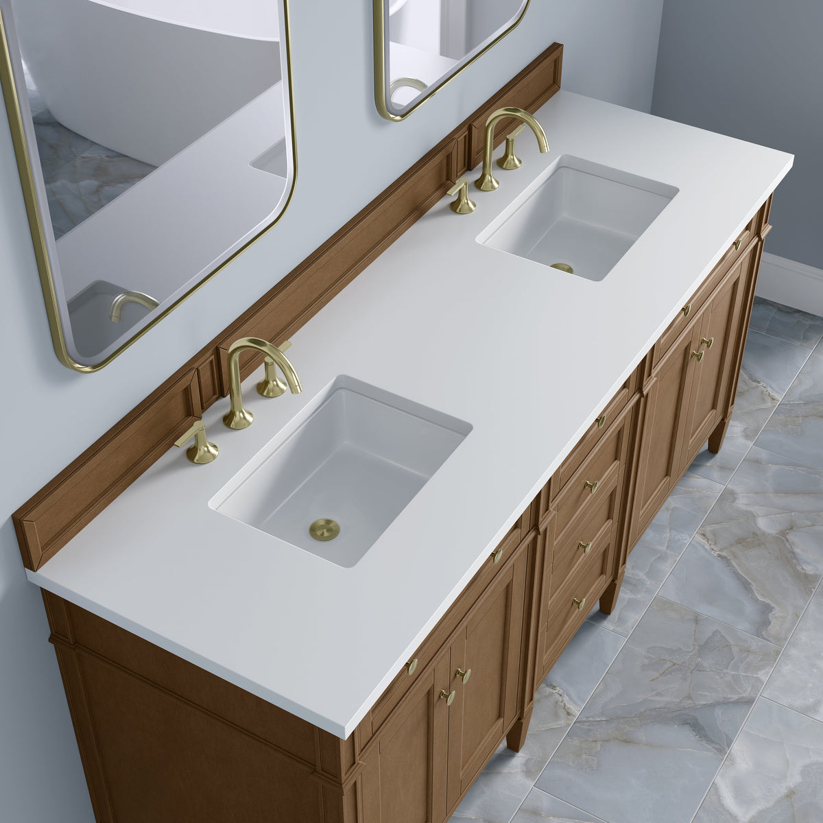 James Martin Brittany 72-inch Pecan vanity with White Zeus Silestone, 655-V72-PCN-3WZ