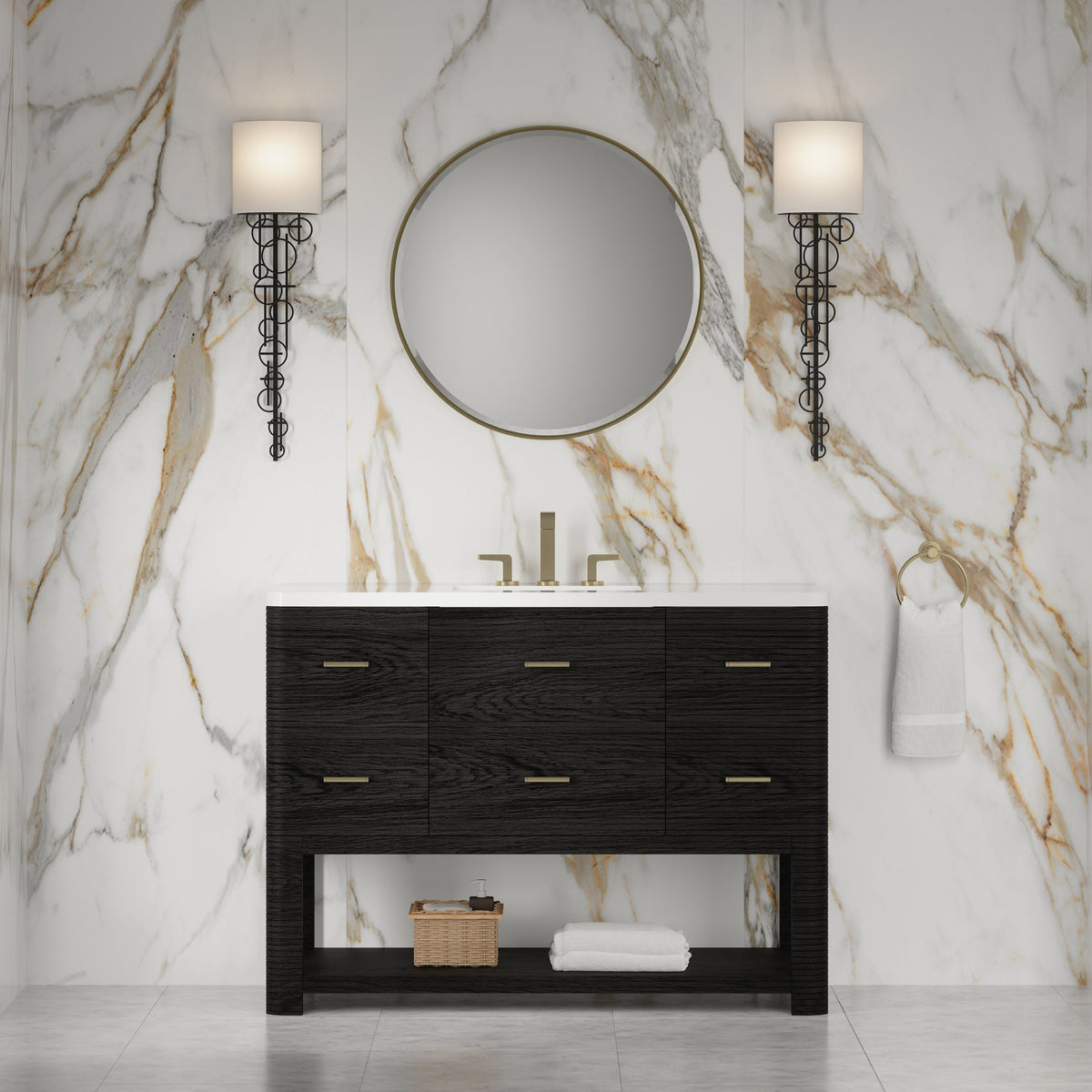 D704-V48 Carbon Oak vanity cabinet; optional tops, sinks and accessories shown are not included