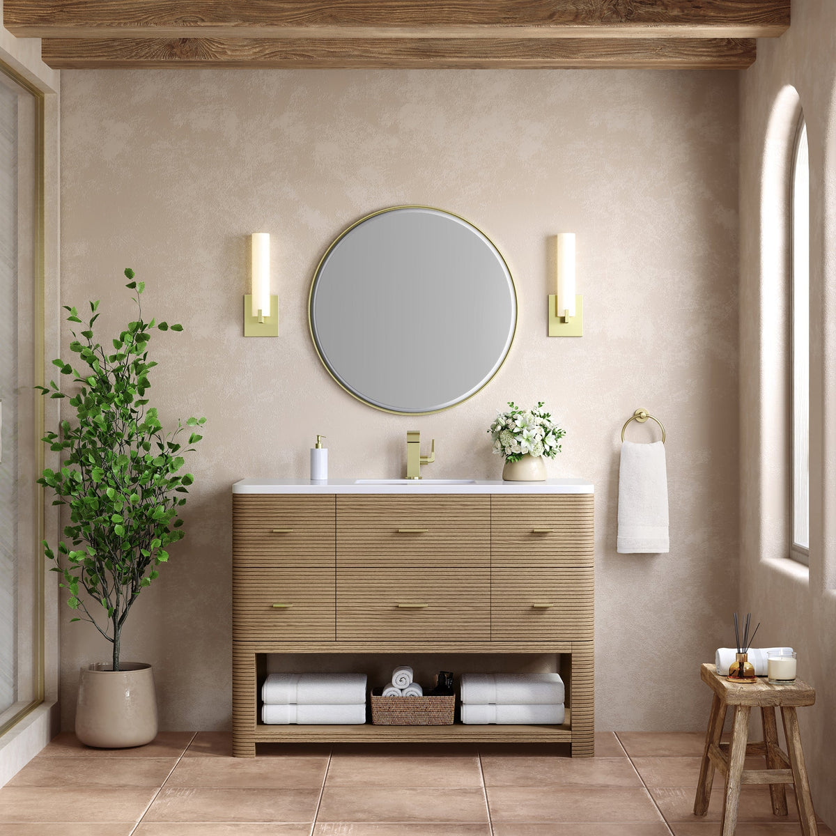 D704-V48 Pebble Oak vanity cabinet; optional tops, sinks and accessories shown are not included