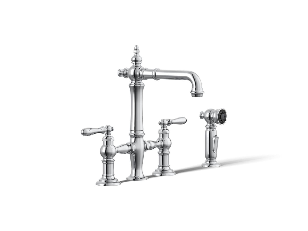 Artifacts® Three-hole bridge bar sink faucet with side sprayer