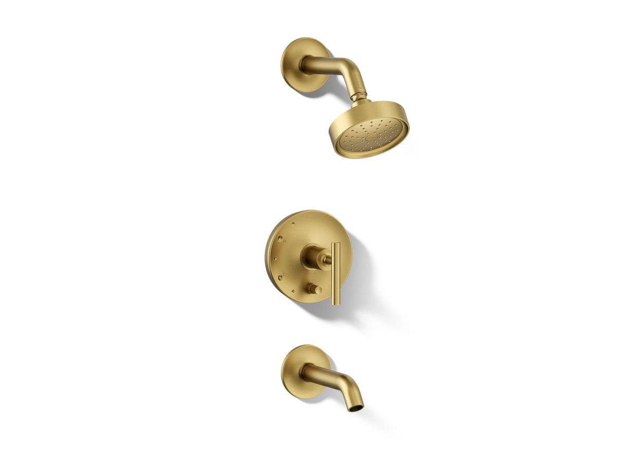 Kohler Purist® Rite-Temp® bath and shower trim kit with push-button diverter and lever handle, 1.75 gpm — Vibrant Brushed Moderne Brass