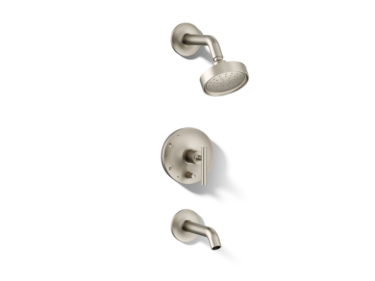 Kohler Purist® Rite-Temp® bath and shower trim kit with push-button diverter and lever handle, 1.75 gpm — Vibrant Brushed Nickel