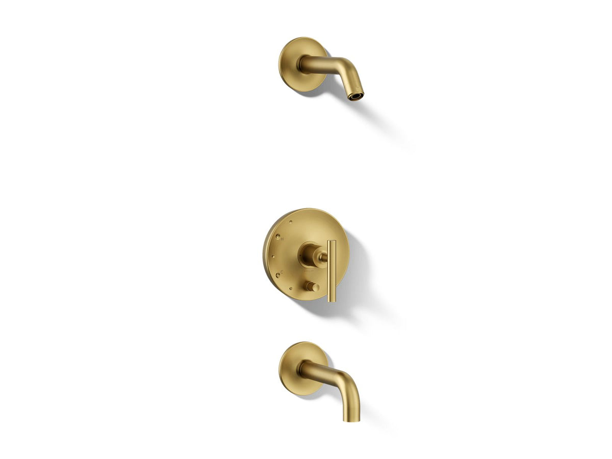 Kohler Purist® Rite-Temp® bath and shower trim kit with push-button diverter and lever handle, without showerhead — Vibrant Brushed Moderne Brass