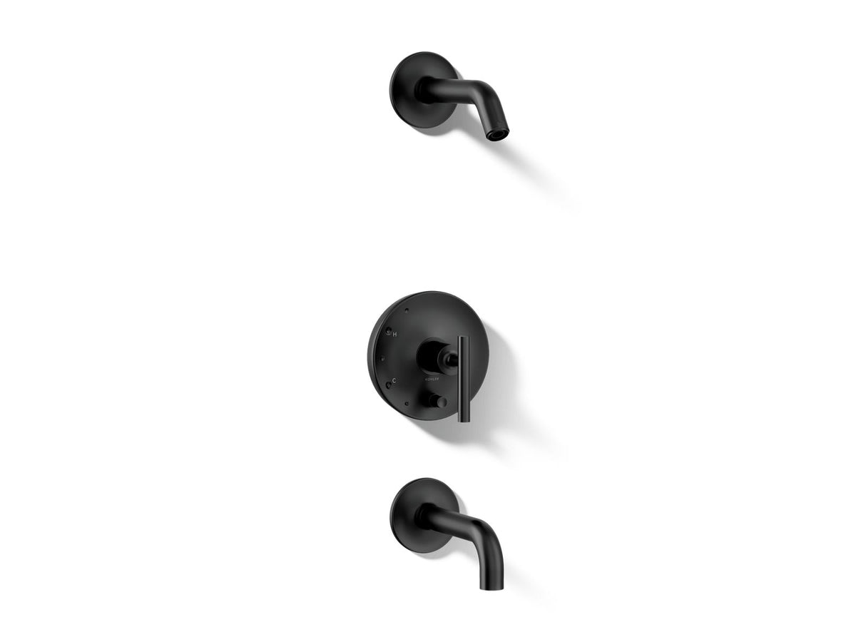 Kohler Purist® Rite-Temp® bath and shower trim kit with push-button diverter and lever handle, without showerhead — Matte Black
