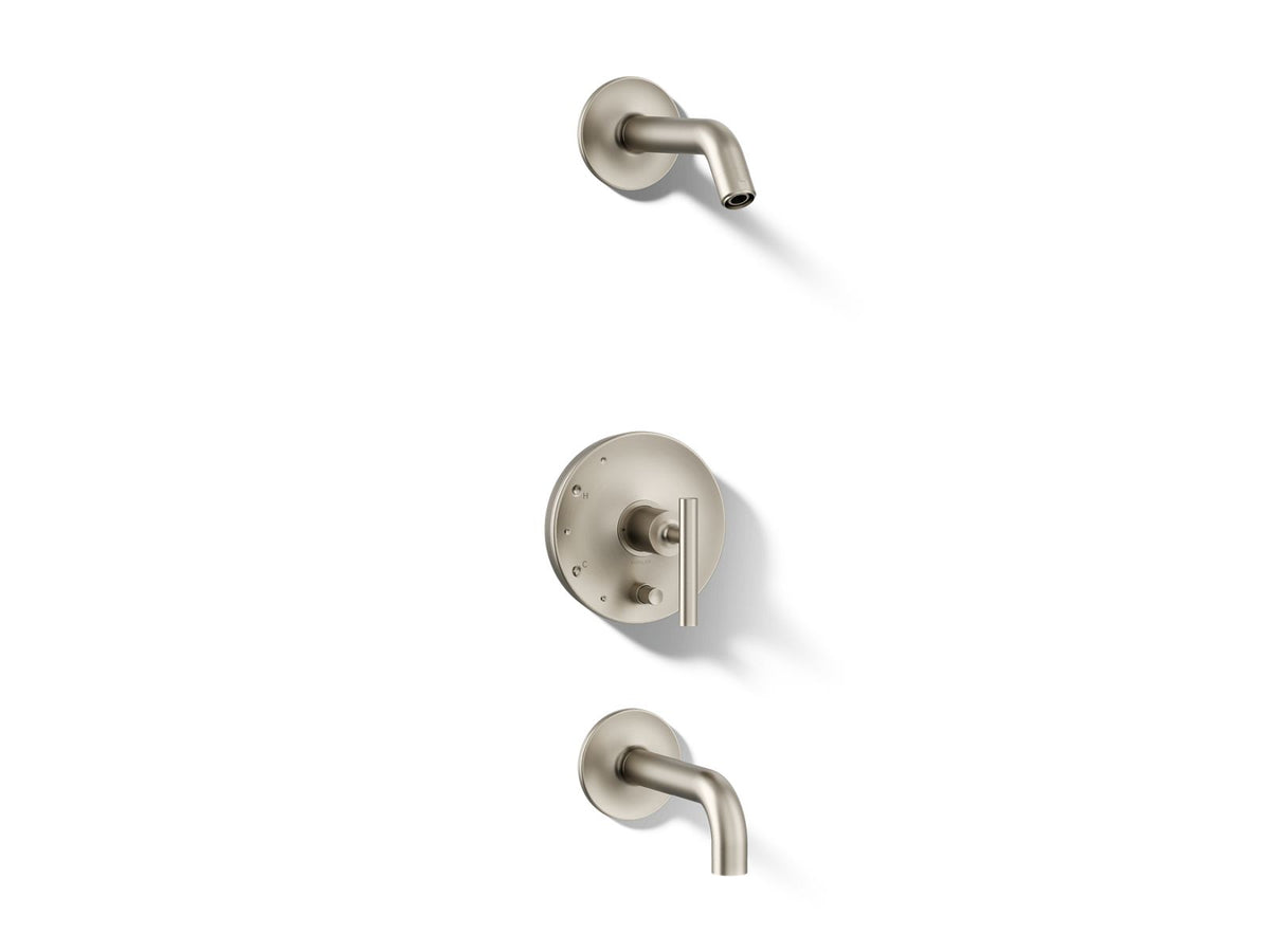 Kohler Purist® Rite-Temp® bath and shower trim kit with push-button diverter and lever handle, without showerhead — Vibrant Brushed Nickel