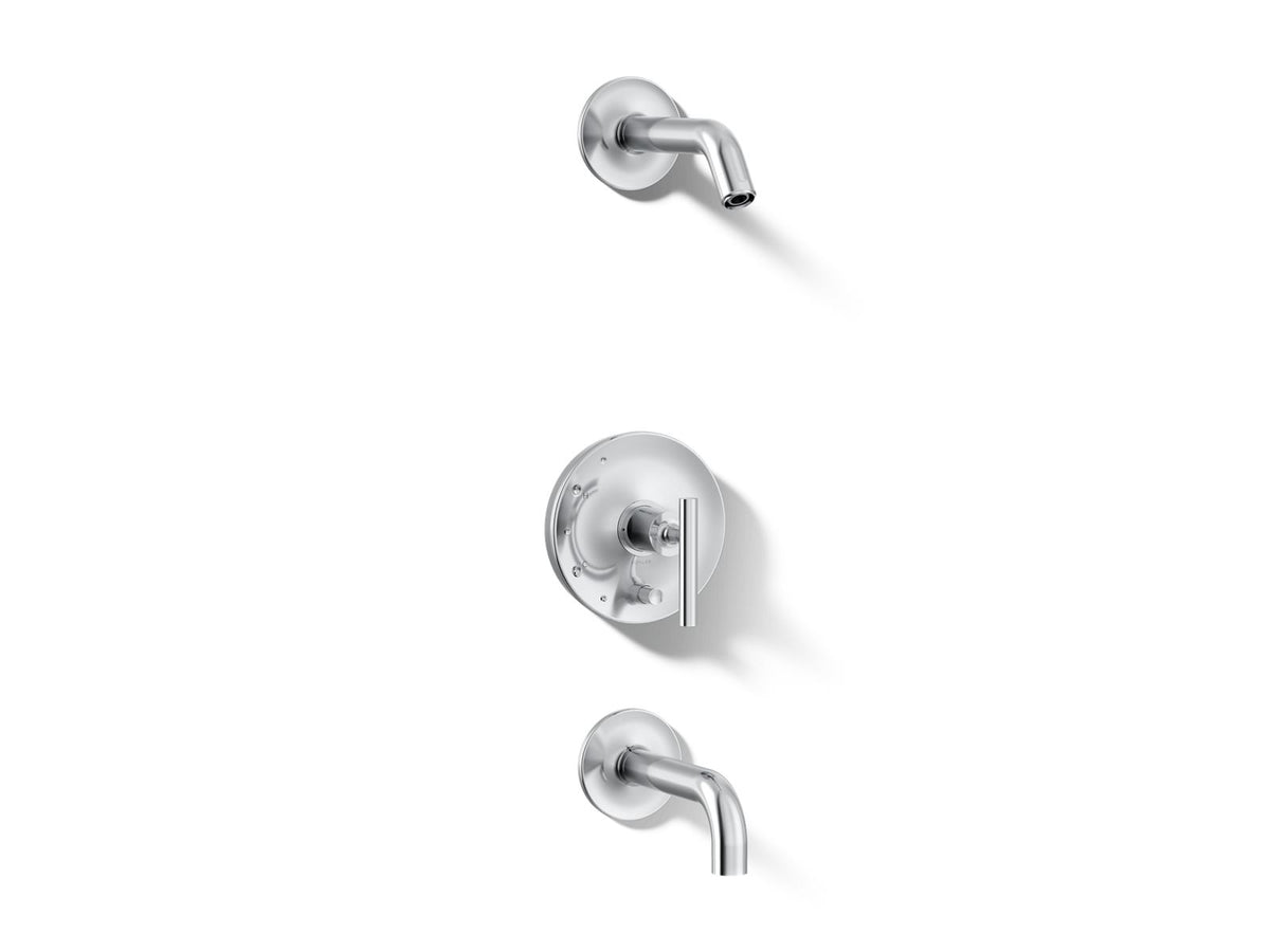 Kohler Purist® Rite-Temp® bath and shower trim kit with push-button diverter and lever handle, without showerhead — Polished Chrome