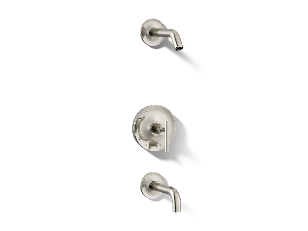 Kohler Purist® Rite-Temp® bath and shower trim kit with push-button diverter and lever handle, without showerhead — Vibrant Polished Nickel