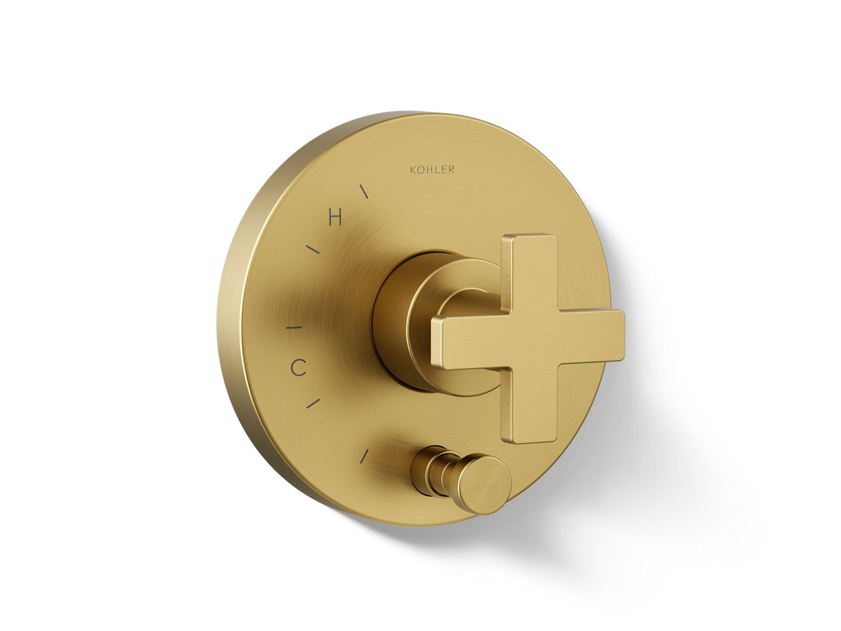 Kohler Composed® Rite-Temp® valve trim with push-button diverter and cross handle — Vibrant Brushed Moderne Brass