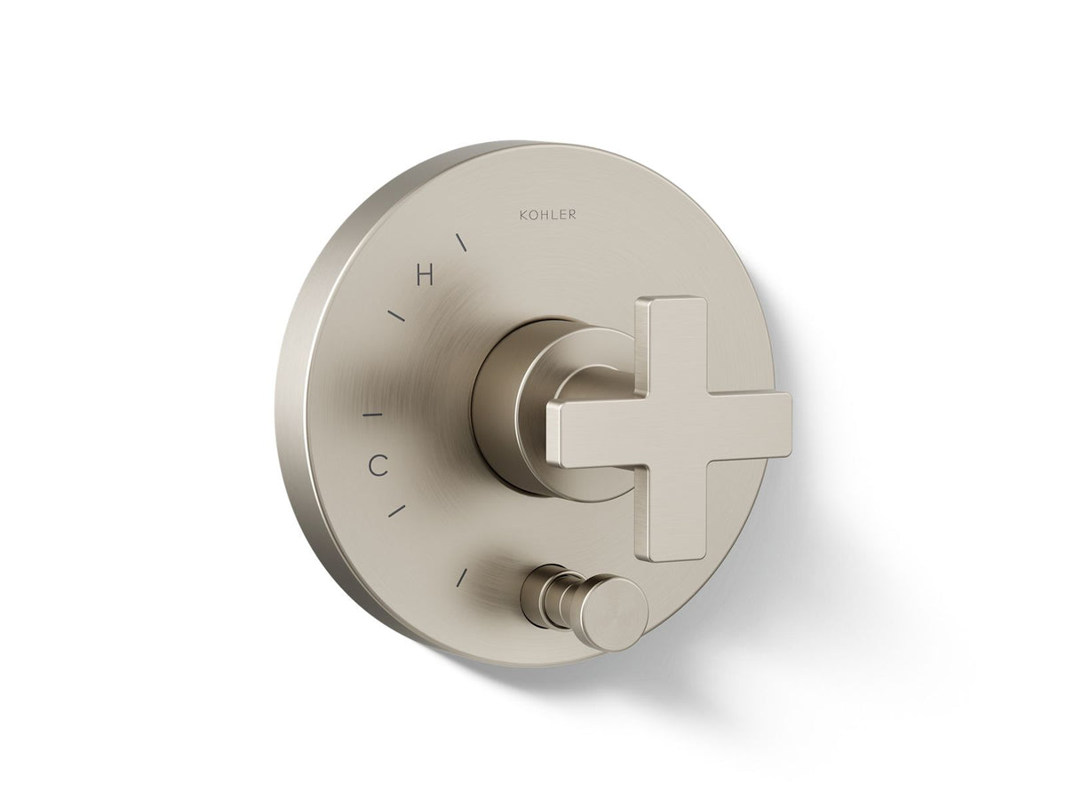 Kohler Composed® Rite-Temp® valve trim with push-button diverter and cross handle — Vibrant Brushed Nickel