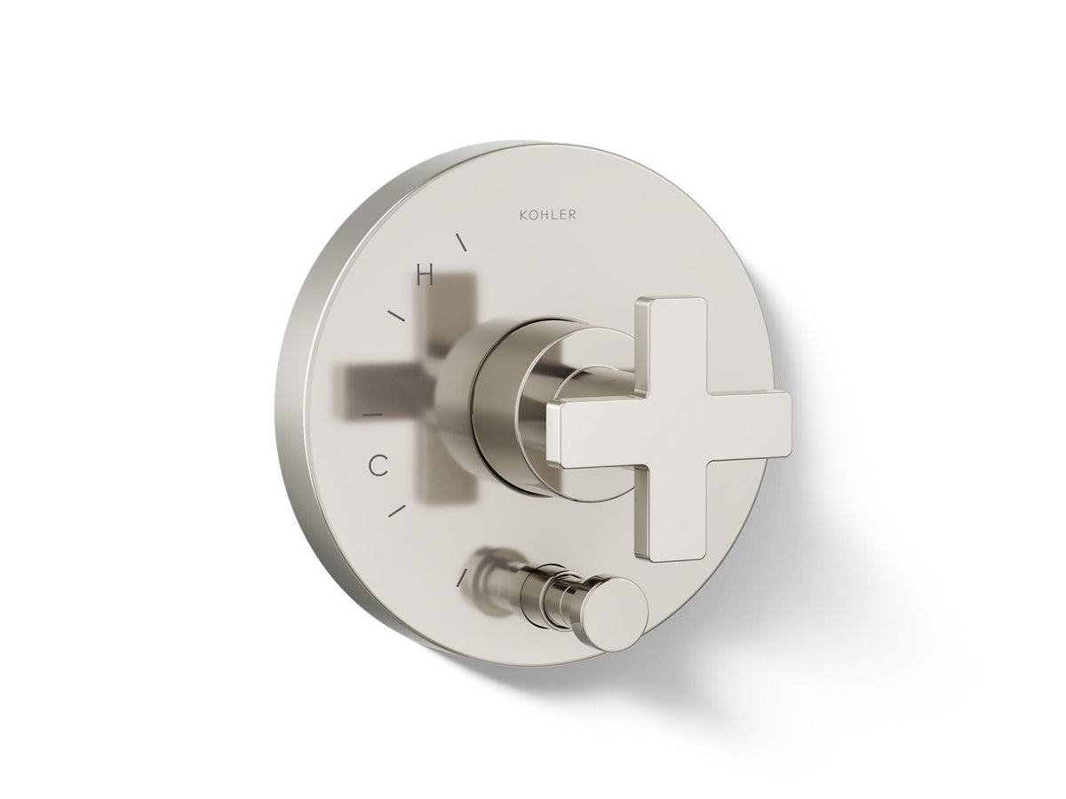 Kohler Composed® Rite-Temp® valve trim with push-button diverter and cross handle — Vibrant Polished Nickel
