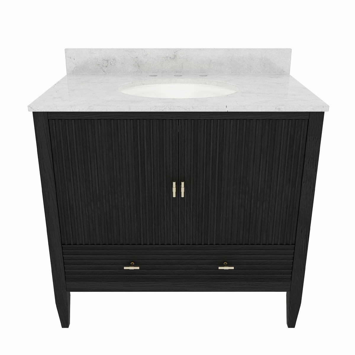 Valmont 36 Inch Fluted Vanity Base - Carbon Oak | Alternative Image 01 | finish:Carbon Oak | countertop finish:White Carrara Marble | sink style:Oval Undermount