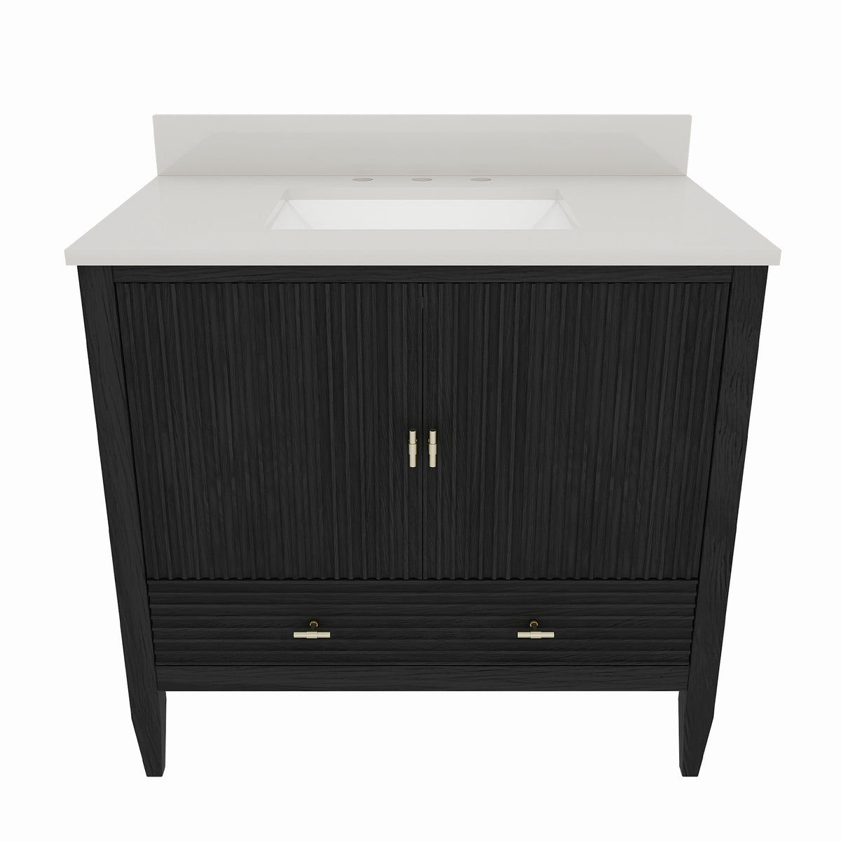 Valmont 36 Inch Fluted Vanity Base - Carbon Oak | Alternative Image 01 | finish:Carbon Oak | countertop finish:White Quartz | sink style:Rectangle Undermount