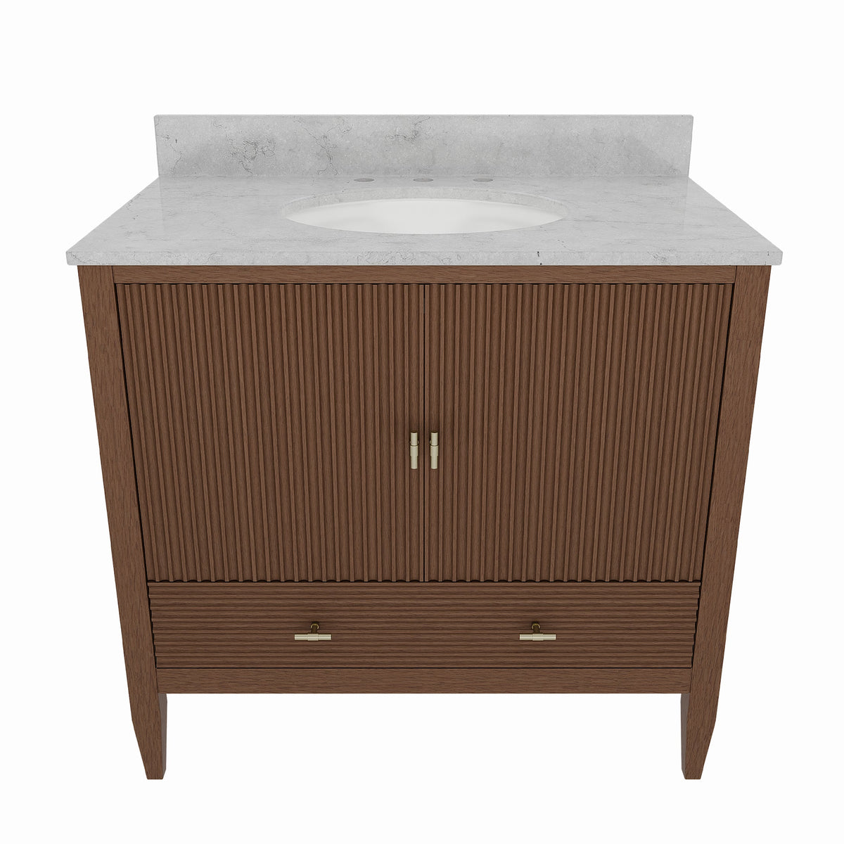 Valmont 36 Inch Fluted Vanity Base - MC Walnut | Alternative Image 01 | finish:Mid Century Walnut | countertop finish:White Carrara Marble | sink style:Oval Undermount