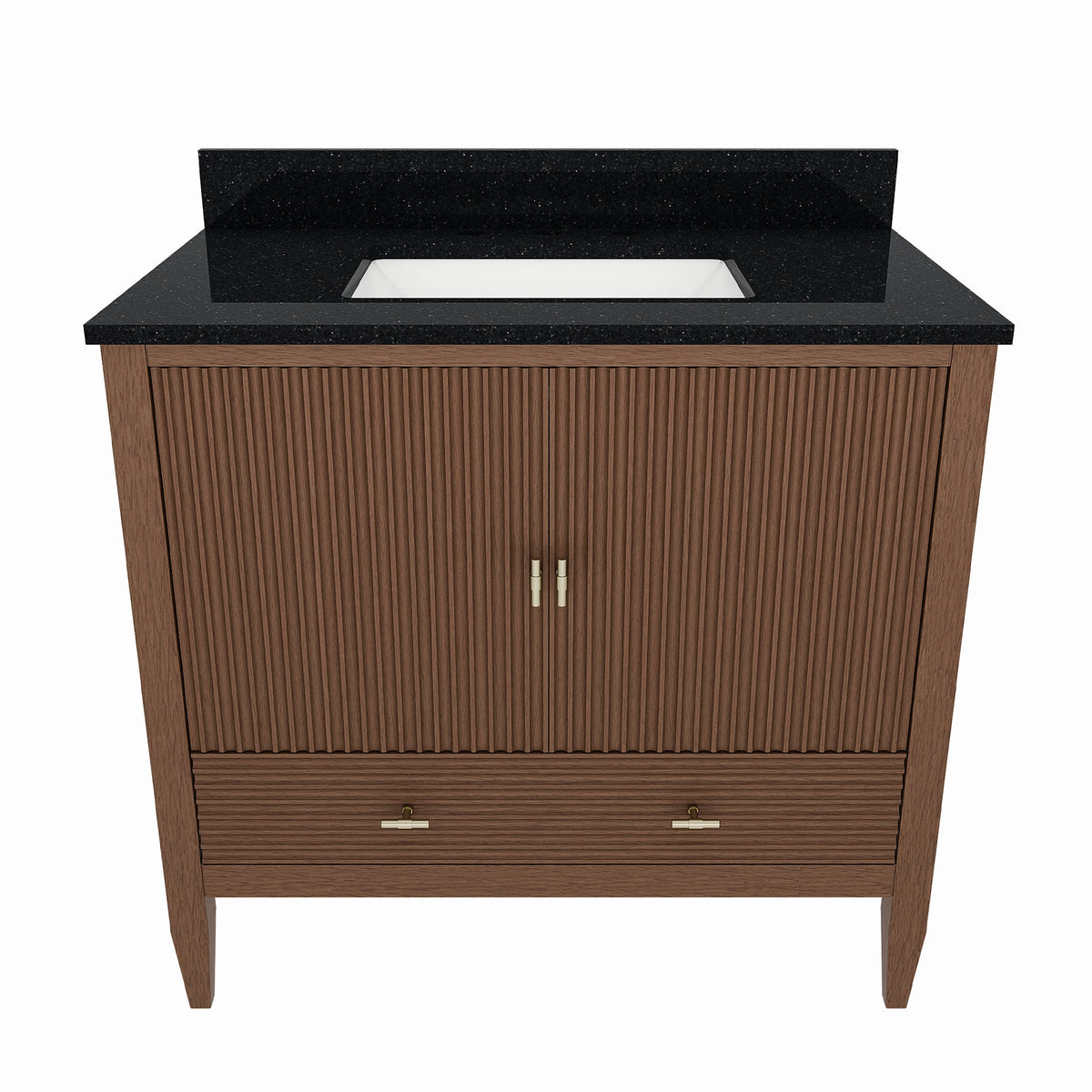 Valmont 36 Inch Fluted Vanity Base - MC Walnut | Alternative Image 01 | finish:Mid Century Walnut | countertop finish:Black Granite | sink style:Rectangle Undermount