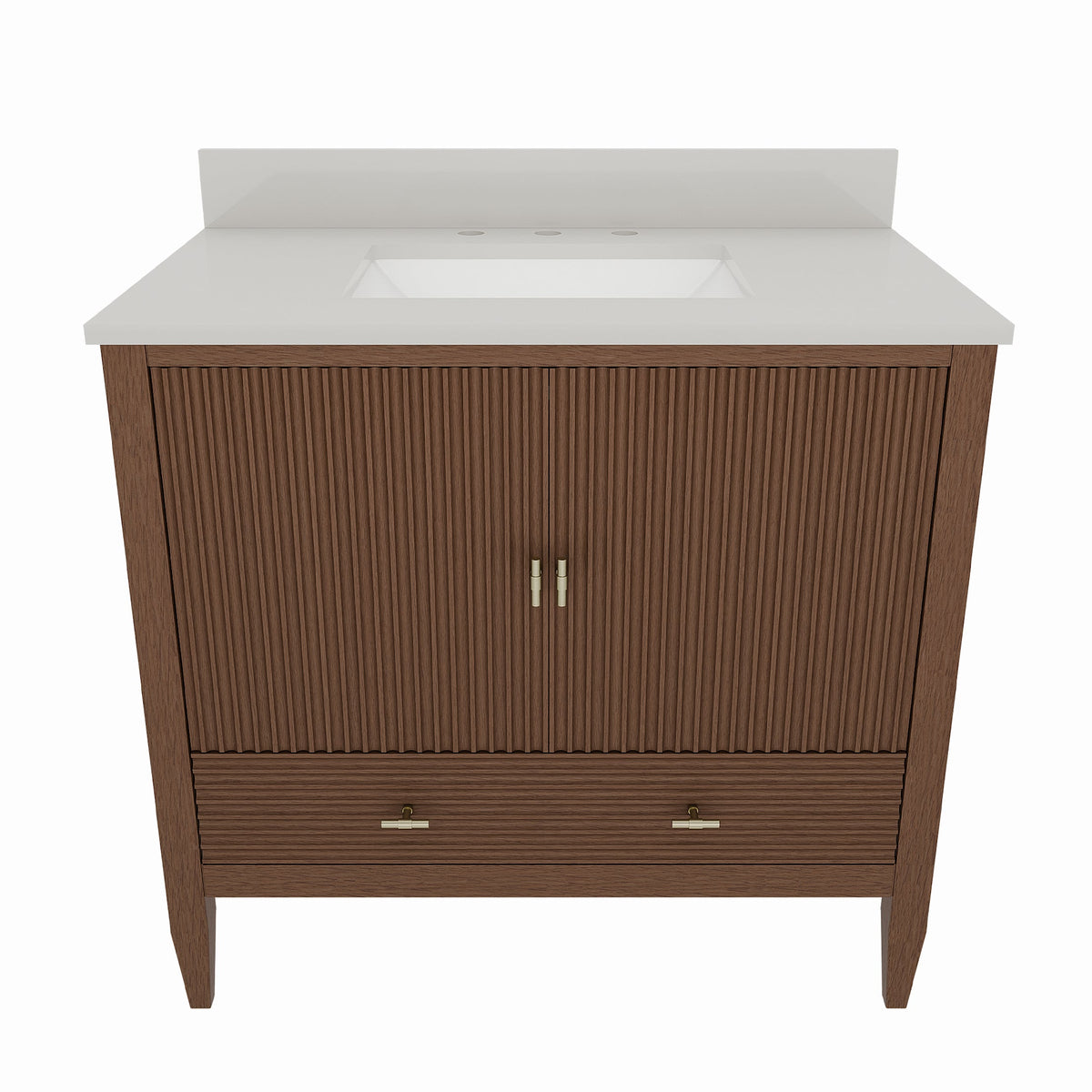 Valmont 36 Inch Fluted Vanity Base - MC Walnut | Alternative Image 01 | finish:Mid Century Walnut | countertop finish:White Quartz | sink style:Rectangle Undermount