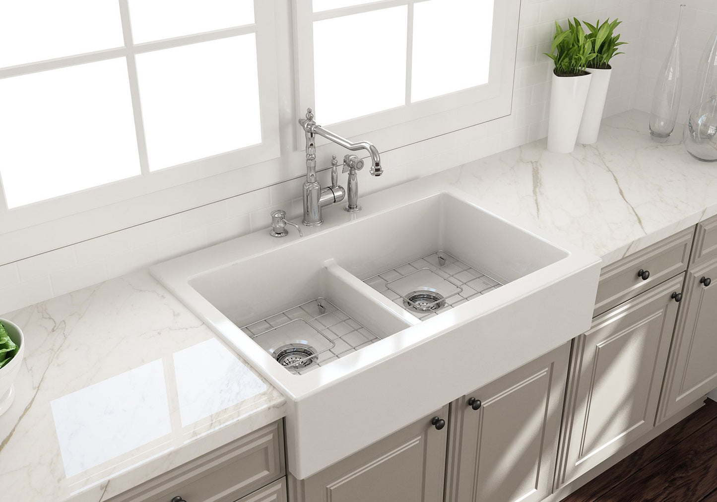 Bocchi Farmhouse Short Apron Front Fireclay 34" Double Bowl Kitchen Sink for easy Retro-Fit (Call for special pricing)