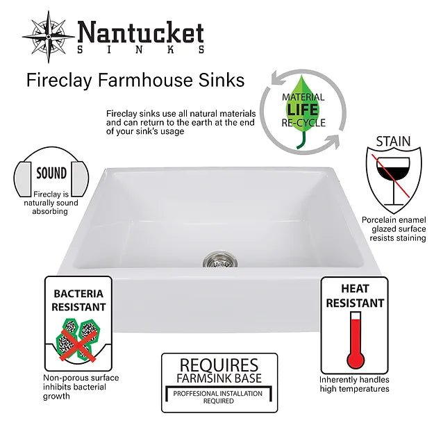 Nantucket Fireclay Apron Reversible Farmhouse White Sink 33'' x 19'' x 10'' 
