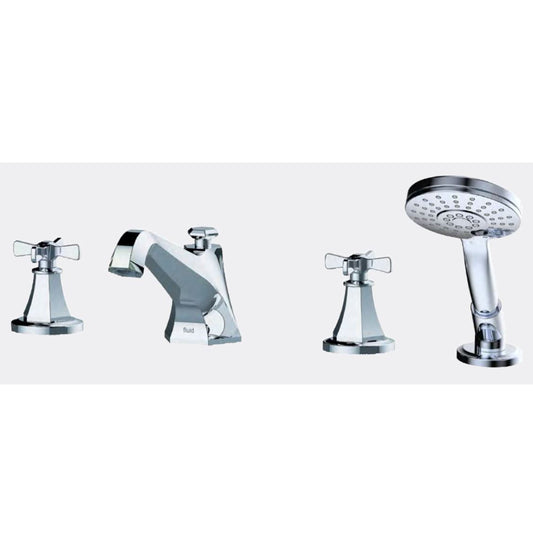 Fluid Dual Handle Widespread Deck Mount Tub Filler Trim Set with Cross Handle and Hand Shower F1713XT PN 