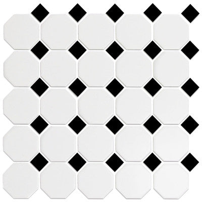 Tile Octagonal Snow White & Black 12x12 Mosaic