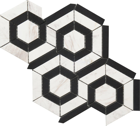Black & White Hexagon 9”x12” Marble Mosaic USTMBWHX012