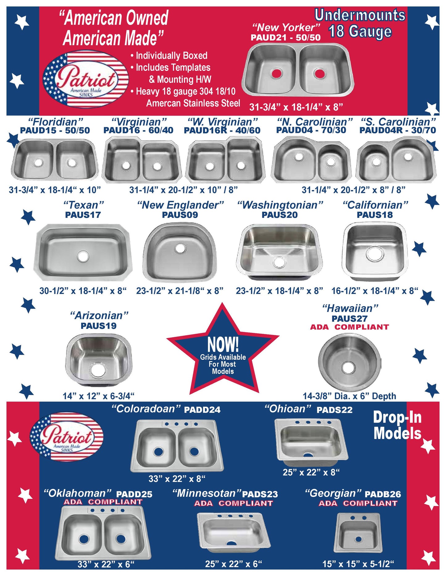 Patriot (Made in USA) Stainless Steel Sink Collection