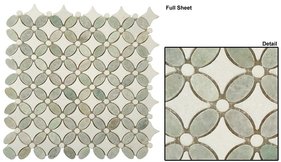 Glazzio Tile Flower Marble Mosaic FS74 Ming Green, Thassos White