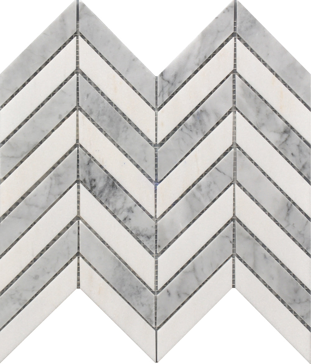 White & Gray Chevron 11”x12” Marble Mosaic USTMCHEV011
